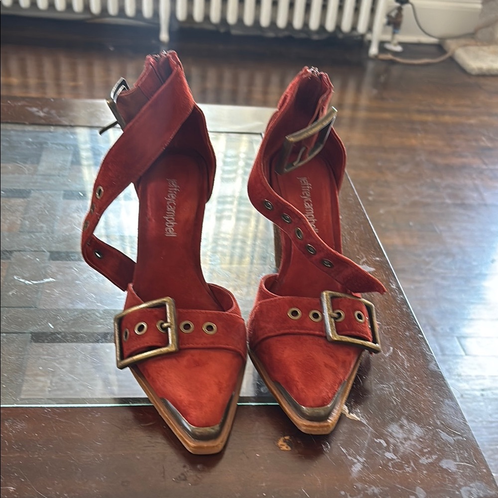 Jeffrey Campbell Red Suede Heels with Buckle Detail
